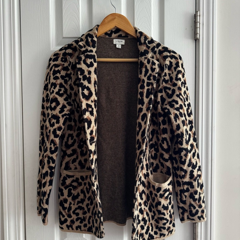 J Crew Sweater Blazer Womens Leopard Print Knit Pockets Cardigan Jacket Size S - Picture 4 of 6